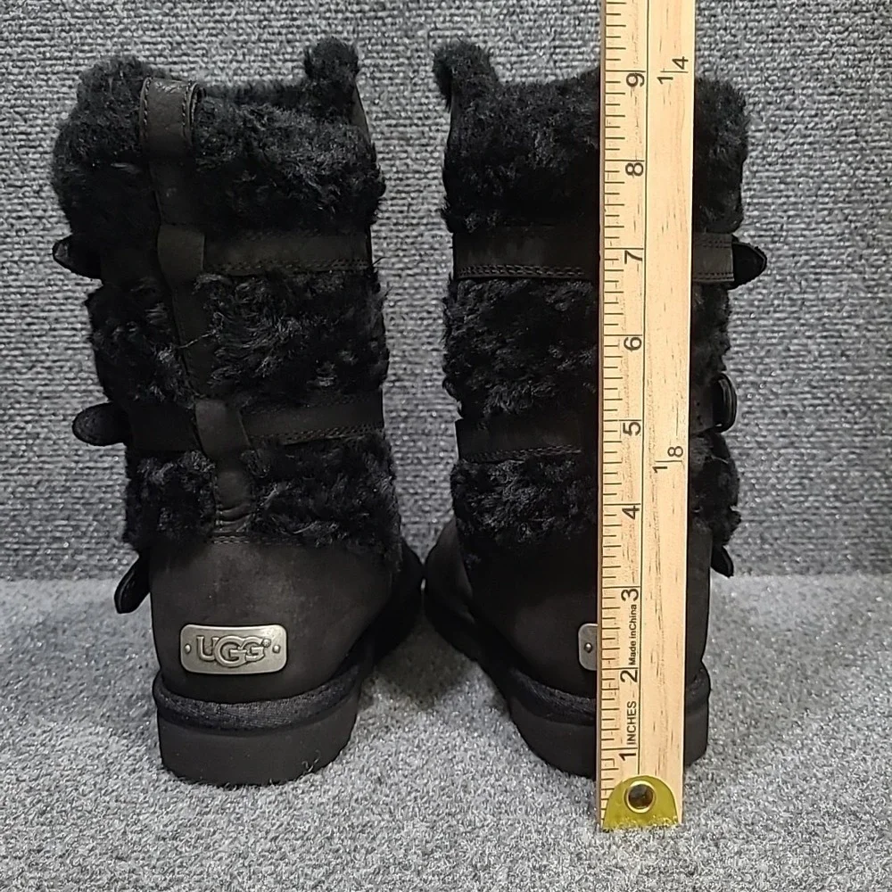 UGG Australia Becket Black Leather Sheepskin Boots Moto Buckle Kid's Size 1